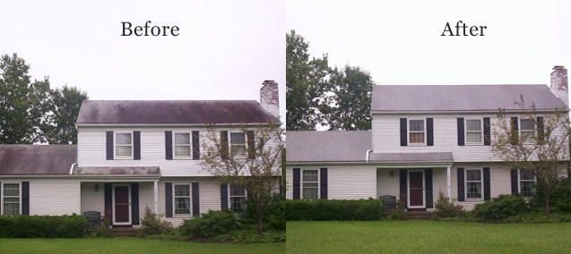 Side-by-side comparison labeled Before and After: a house roof darkened by algae streaks, then the same roof clean